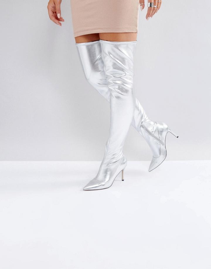 Asos Kindy Point Over The Knee Boots - Silver