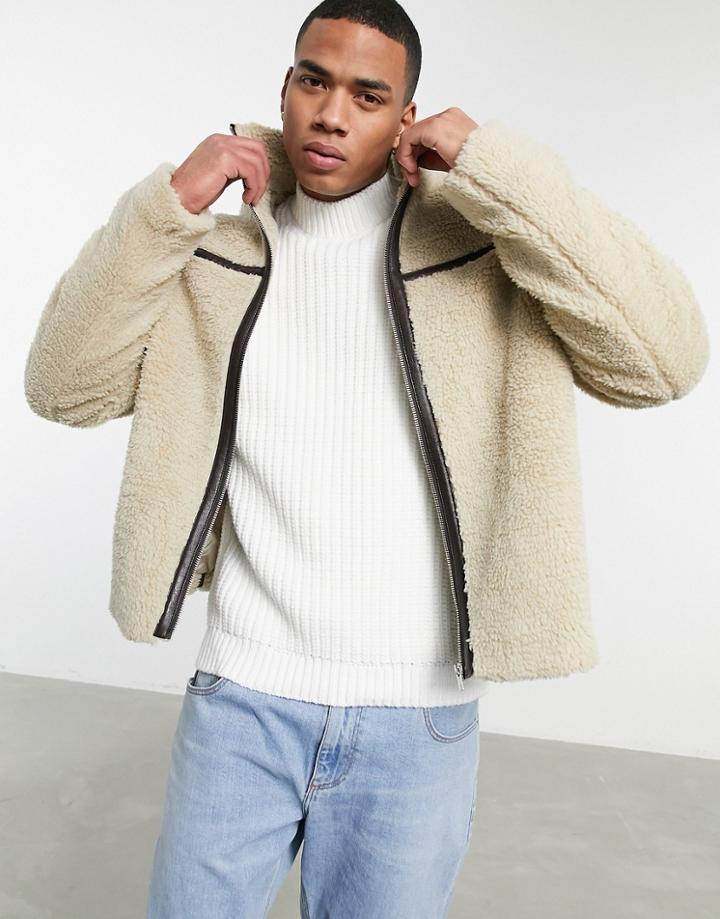 Asos Design Sherpa Jacket With Tape Detail In Ecru-white