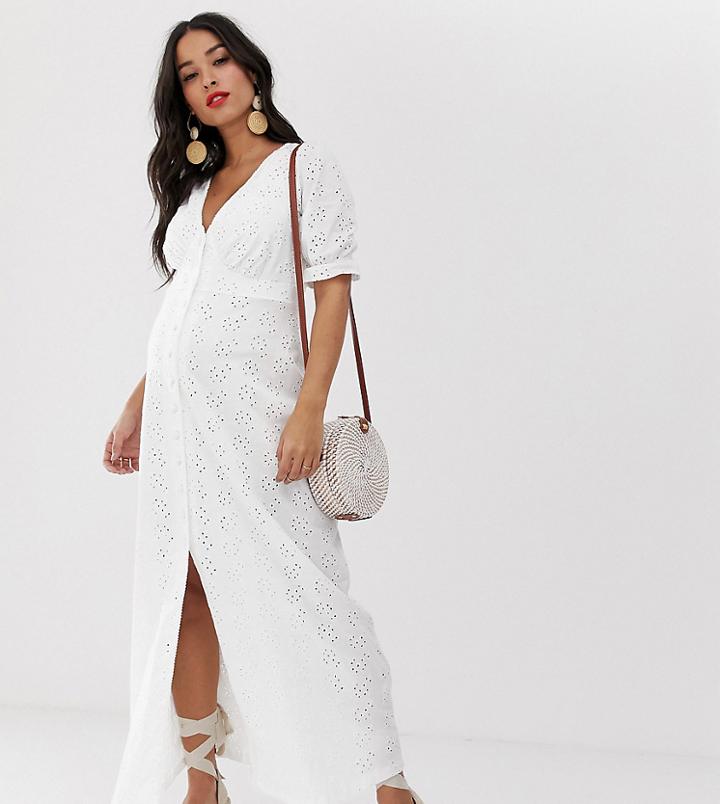 Asos Design Maternity Broderie Maxi Tea Dress-white