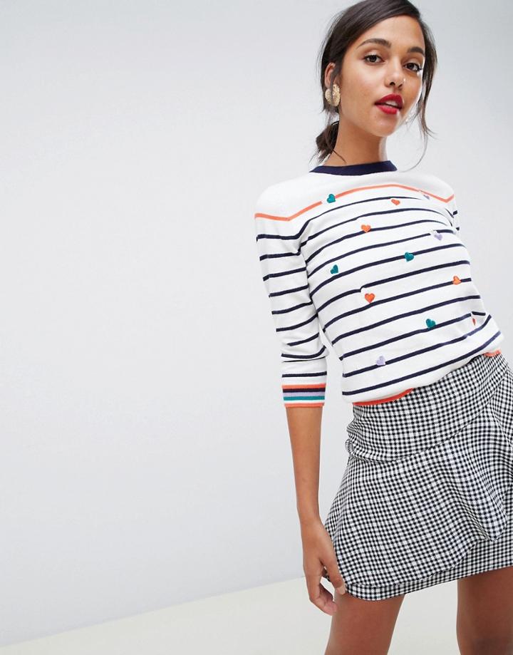 Oasis Crew Neck Sweater With Embroidered Hearts In Stripe - Multi