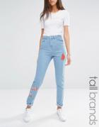 Noisy May Tall Watermelon Embroidered Mom Jean - Light Wash