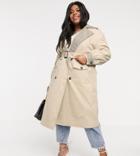 Neon Rose Plus Oversized Trench Coat With Check Contrast Collar-brown