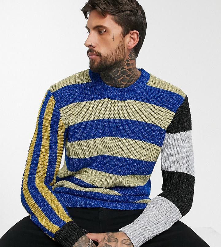 Reclaimed Vintage Metallic Contrast Sleeve Striped Sweater-multi