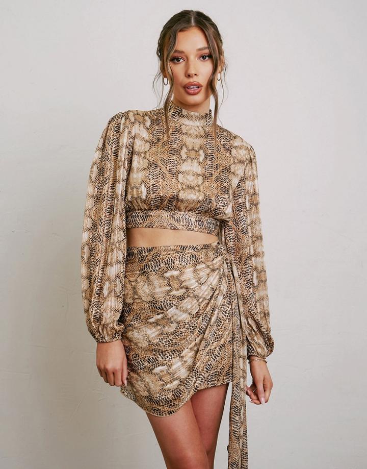 Aria Cove Volume Sleeve High Neck Crop Top Set In Snake Print-multi