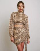 Aria Cove Volume Sleeve High Neck Crop Top Set In Snake Print-multi