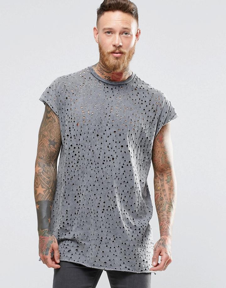 Asos Oversized T-shirt With Laser Distress And Oil Wash In Grey - Acid Wash Gray