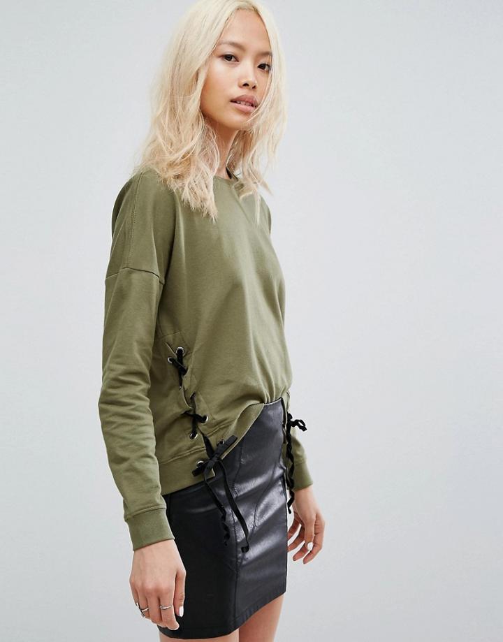 Noisy May Lace Up Detail Sweatshirt - Green