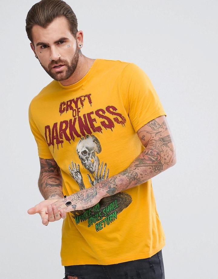Asos Longline T-shirt With Crypt Of Darkness Print And Distressing - Orange