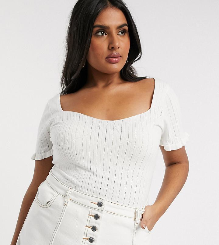 Lost Ink Plus Top With Frill Hem In Rib Knit-white