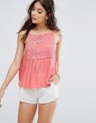 Kiss The Sky Cami Top With Lace Panel - Pink
