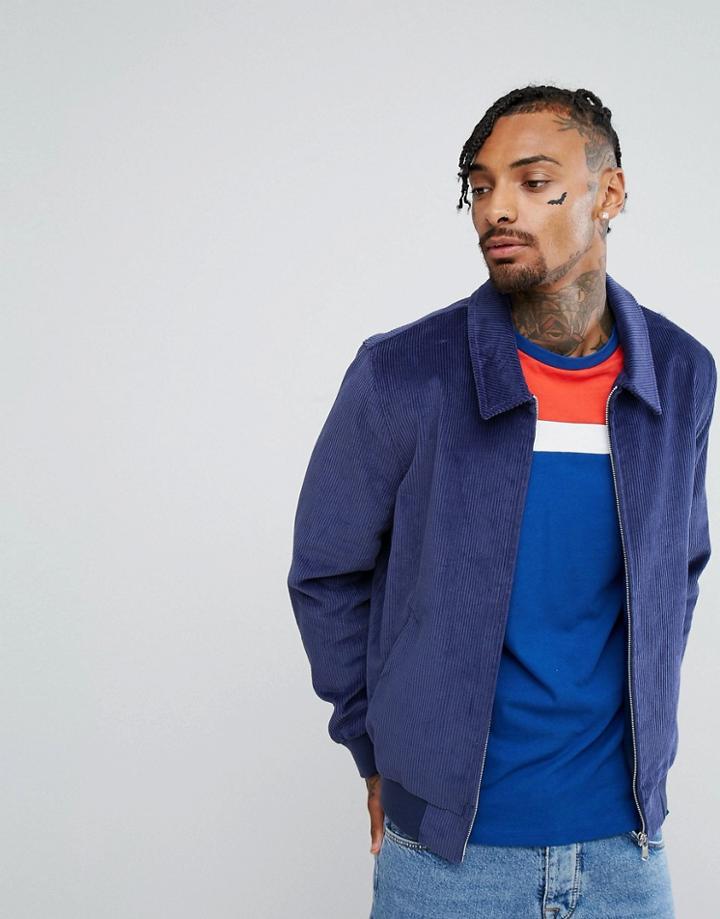 Asos Cord Harrington Jacket In Blue - Navy
