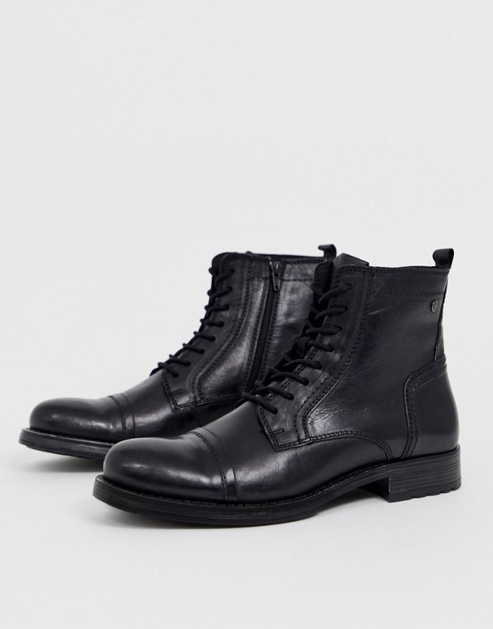 Jack & Jones Lace Up Leather Boot In Black - Black