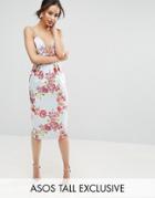 Asos Tall Salon Midi Pencil Dress With Embroidery And Ruched Waist Detail - Multi