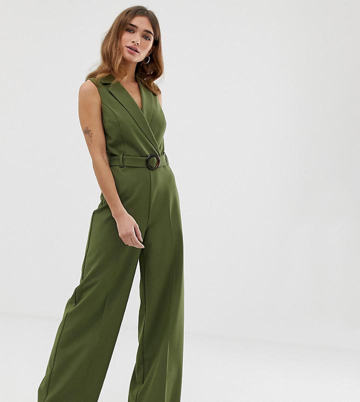 Miss Selfridge Petite Jumpsuit With Belt In Khaki - Green
