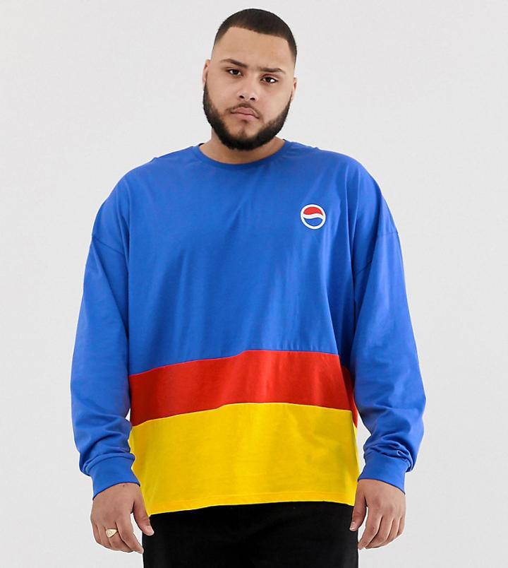 Asos Design Plus Pepsi Oversized Long Sleeve T-shirt Wih Color Blocking And Back Print - Blue