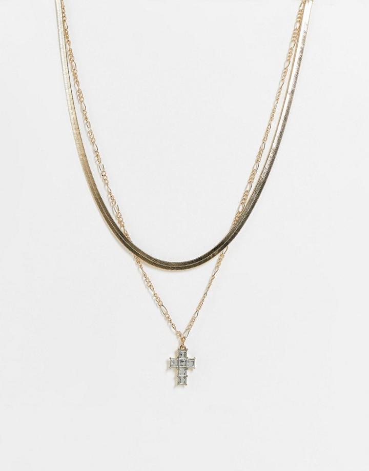 Topshop Rhinestone Cross Pendant Multirow Necklace In Gold