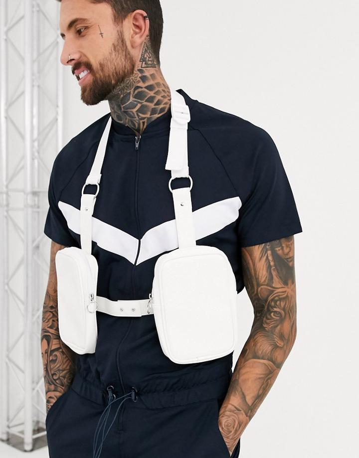 Asos Design Faux Leather Chest Harness Bag In White Saffiano Emboss