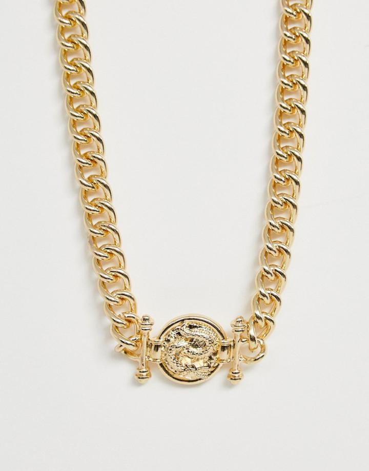 Reclaimed Vintage Chain Necklace With Medallion Style Pendant - Gold