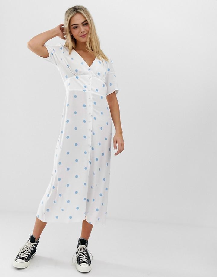 Nobody's Child Button Front Midi Dress In Polka-white