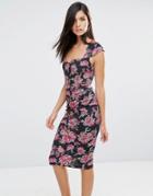 Vesper Floral Print Pencil Dress With Ruching Detail - Pink