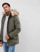 River Island Parka Jacket With Faux Fur Trim In Khaki - Green