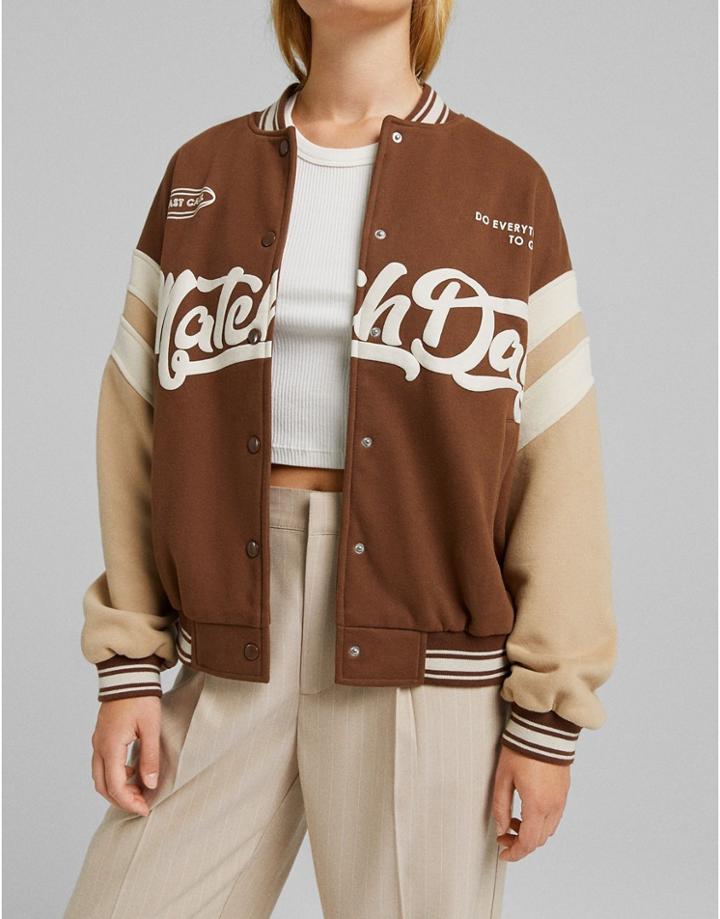 Bershka Varsity Oversized Bomber Jacket In Brown