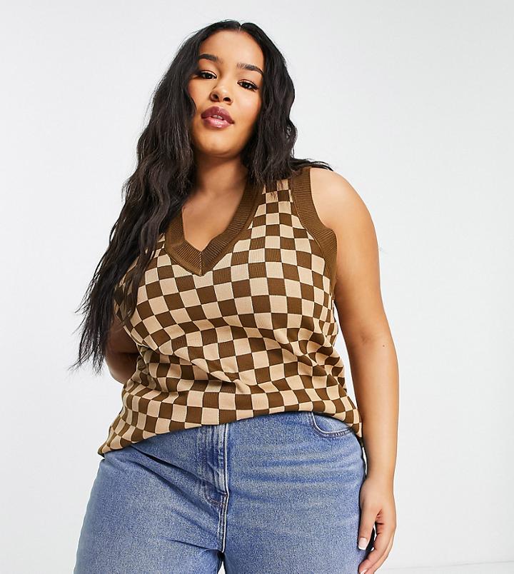 Daisy Street Plus Oversized Sweater Vest In Brown Checkerboard Knit - Part Of A Set