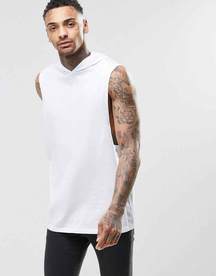 Asos Longline Sleeveless T-shirt With Hood And Mesh Panels - White