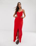 Asos Design Textured Button Through Cami Maxi Dress - Red