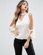 Asos Cold Shoulder Satin Swing Top With Deep Plunge And Choker Detail - Beige