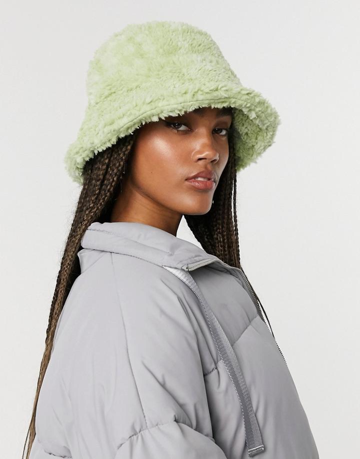 Asos Design Shearling Roll Back Bucket Hat In Green