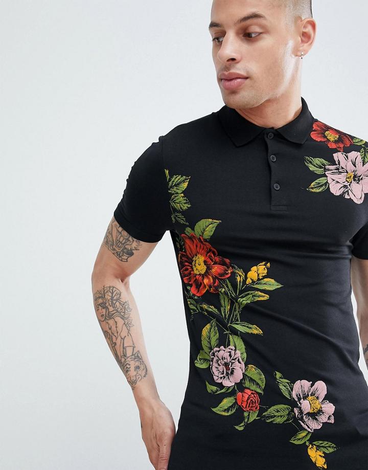 Asos Design Muscle Polo With Floral Print - Black