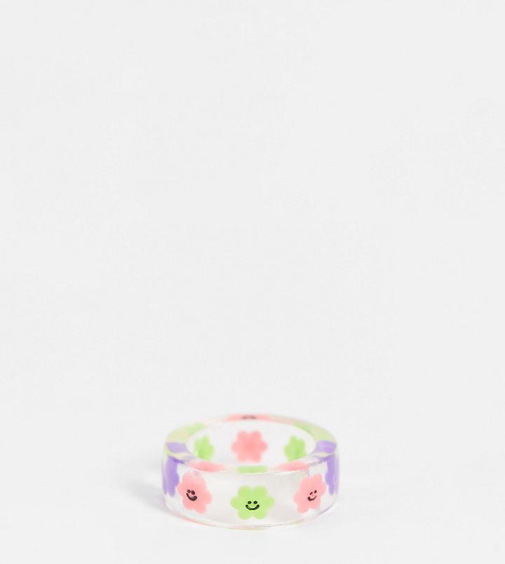 Asos Design Curve Ring With Novelty Flowers In Clear Plastic