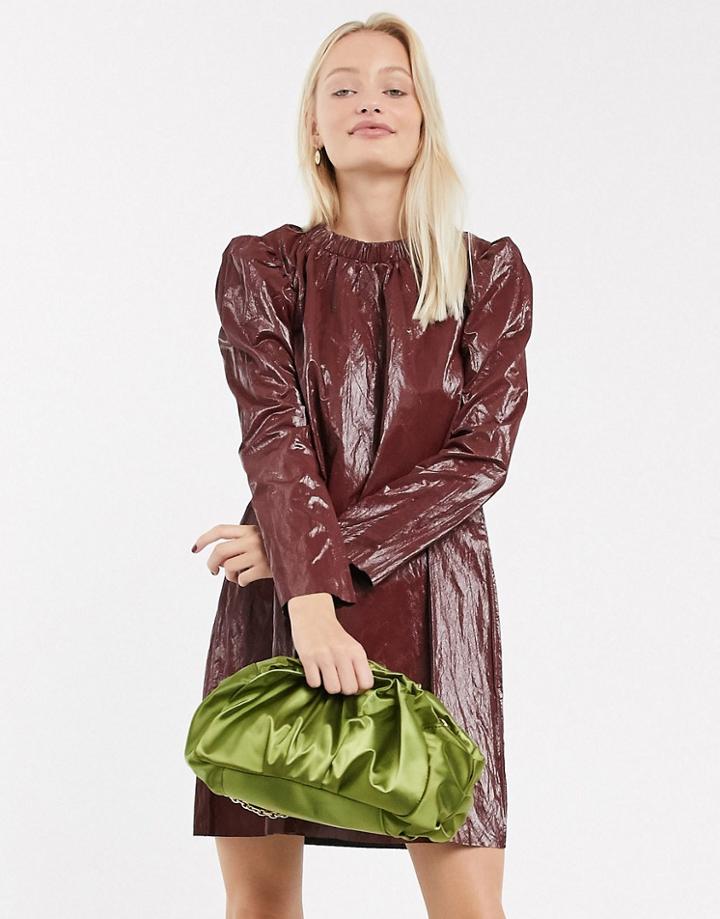 Asos Design Crinkle Leather Look Shift Mini Dress-red