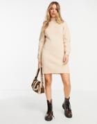 Miss Selfridge Cream Tie Waist Funnel Midi Knit Dress-pink