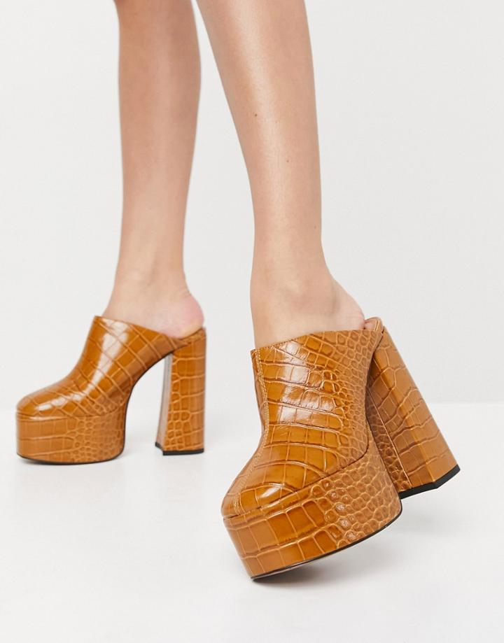 Asos Design Peco Super High Heeled Mules In Tan-brown