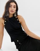 Unique21 Sleeveless High Neck Top With Gold Buttons - Black
