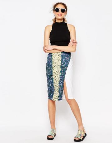Asos Africa X Chichia Contrast Midi Skirt In Floral Layer Stripe - Multi