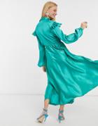 Asos Design Satin Midi Tea Dress With Neck Tie And Frill Skirt-green