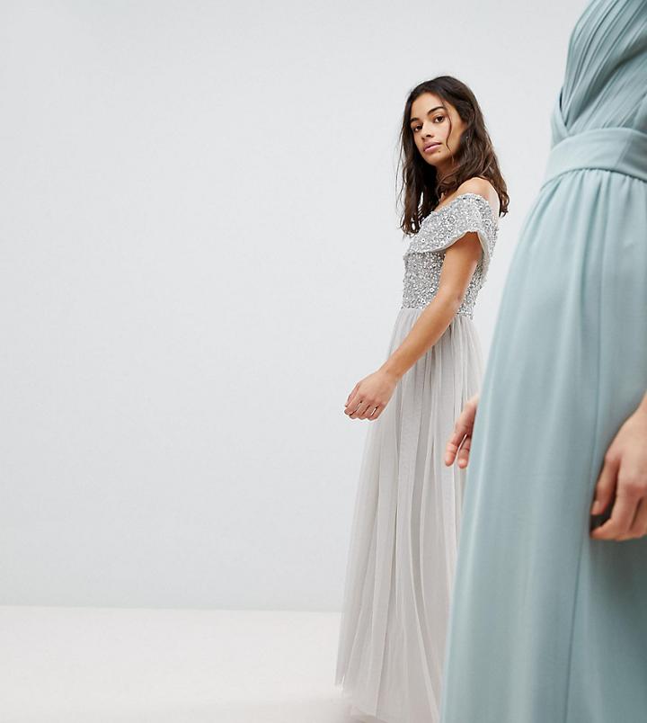 Maya Petite Bardot Sequin Top Tulle Detail Dress With High Low Hem - Gray
