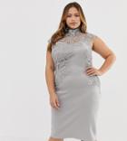 Club L Plus High Neck Crochet Detail Bodycon Dress - Gray