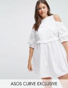 Asos Curve Cotton Shirt Dress With Lace Up Detail - White