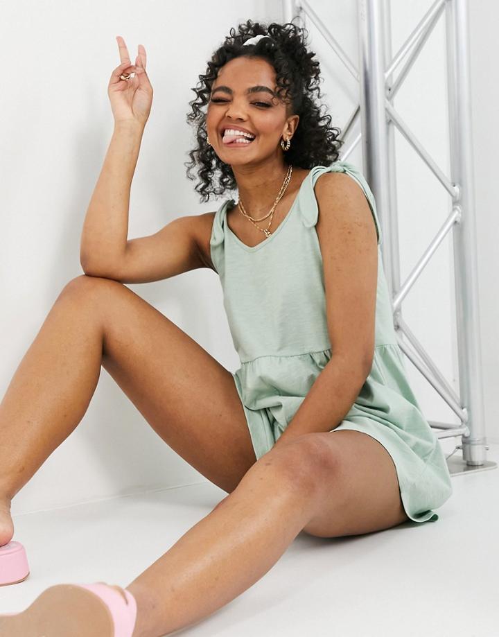 Asos Design Tie Shoulder Smock Romper In Pistachio Green