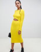 Asos Design Cut Out Ribbed Midi Dress - Yellow