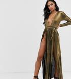 Asos Design Metallic Jersey Plisse Plunge Front Beach Maxi Dress With Splits - Brown