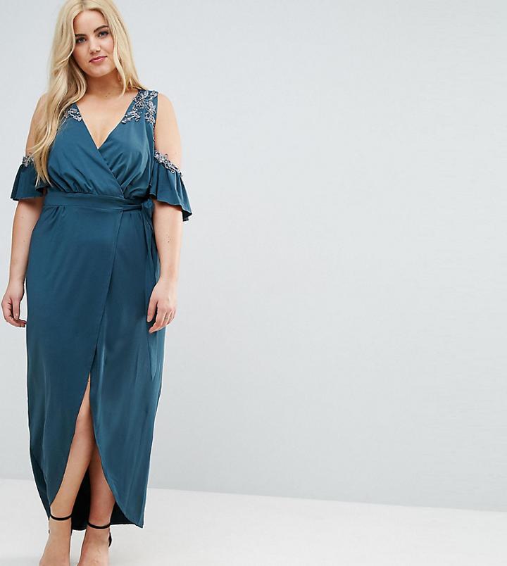 Little Mistress Plus Maxi Dress With Embellished Cold Shoulder - Green