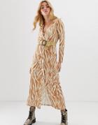 Asos Design Button Through Belted Maxi Dress With Belt In Zebra Print - Multi