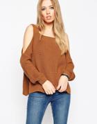 Asos Chunky Sweater With Cold Shoulder And Side Splits - Tobacco
