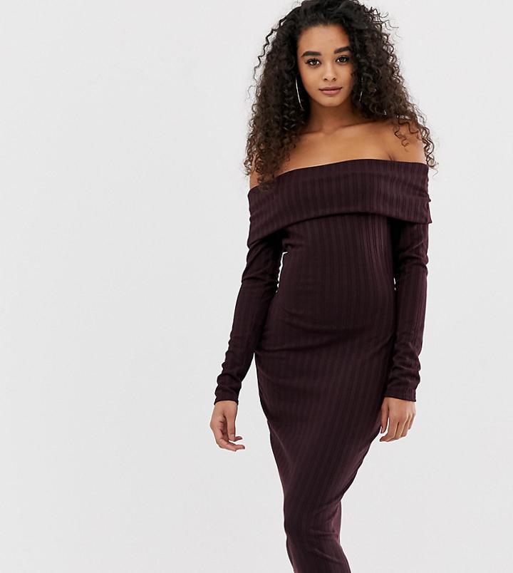 Boohoo Knitted Bardot Bodycon Midi Dress In Dark Plum - Purple