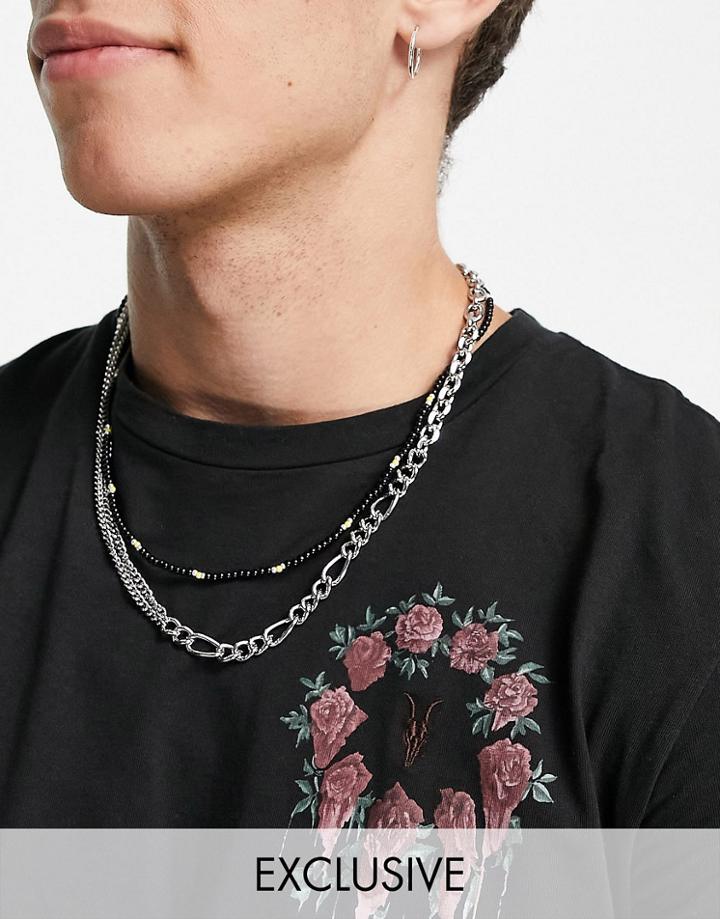 Reclaimed Vintage Inspired Multirow Necklace With Black Beads And Silver Chain